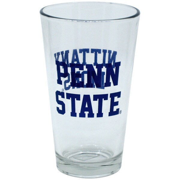 pint glass with Penn State on one side, Nittany Lions on other